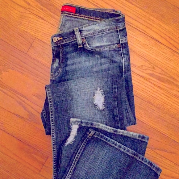 SUPER LOW RISE EXPRESS DENIM JEANS SLIM FIT FLARE LEGS DISTRESSED 8 LO… - Picture 2 of 11